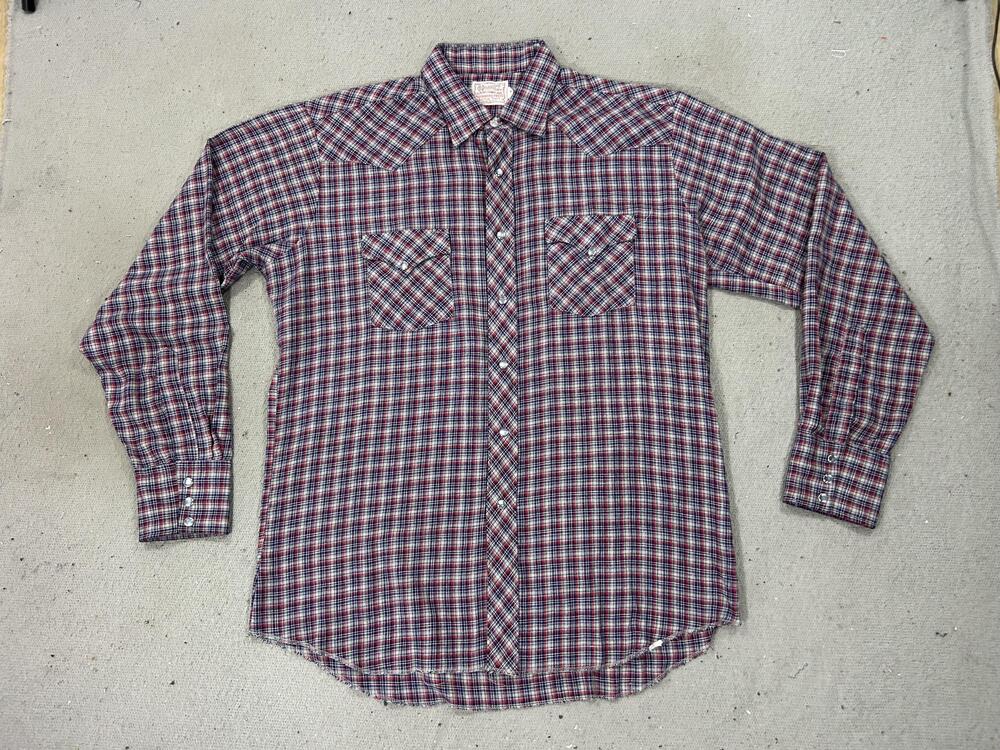 Vintage Bar C Ranchwear Shirt Mens 17-35 Red Blue Plaid Pearl Snap Western USA